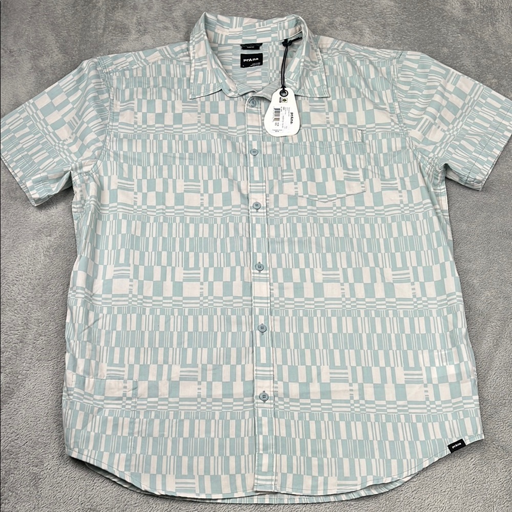 NEW Prana L Stimmersee Shirt Saltwater Drops Blue Short Sleeve Button Down
